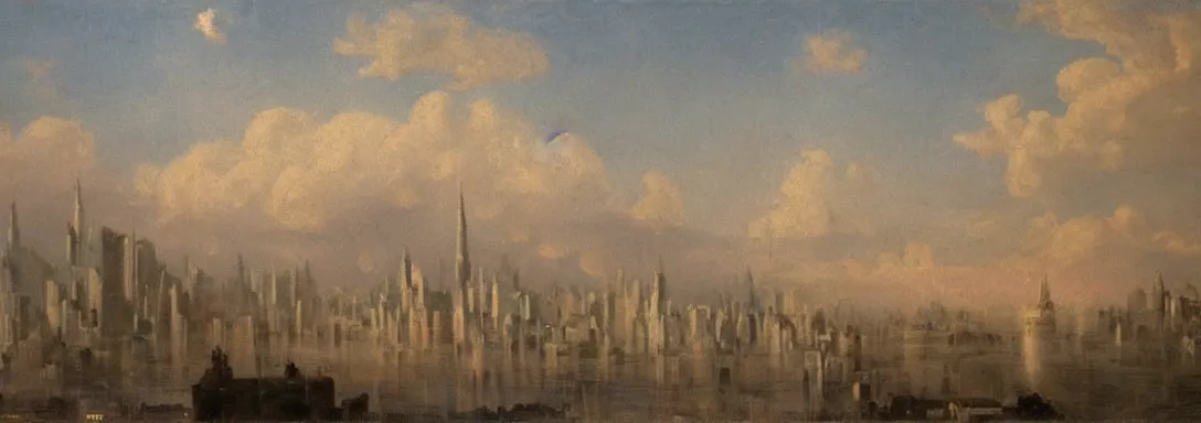 Prompt: ''a city floating in the clouds, majestic, romantic era painting, early 1900s, romantic, realistic''