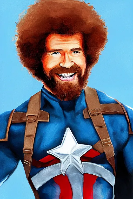 Image similar to Bob Ross as Captain America, digital painting