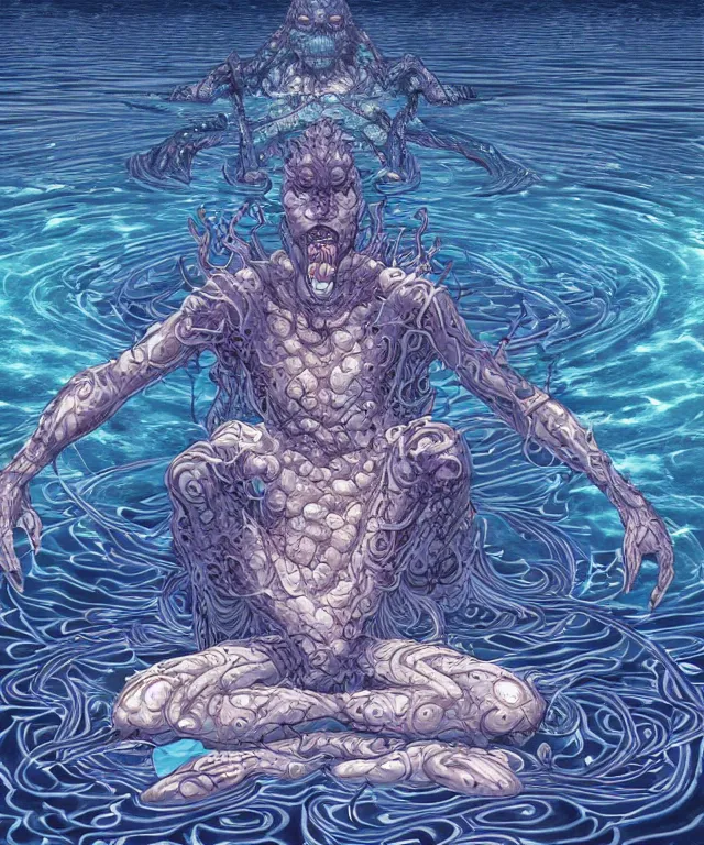 Prompt: a water demon meditating surrounded by power sigils, centered composition, crisp 8 k line art, digital painting, artstation, unreal engine, octane render, emissive lighting, concept art, matte, sharp focus, hyper realistic lighting, illustration, art by shintaro kago and victo ngai