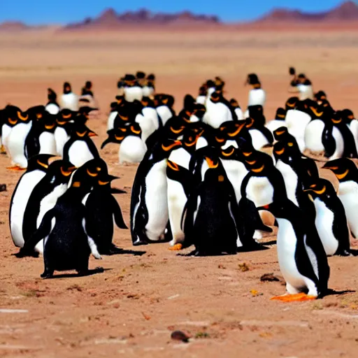 Prompt: super mad penguins with extreme anger in the desert