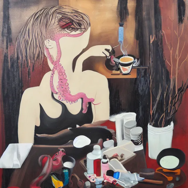 Image similar to sensual, a portrait in a female art student's bedroom, black walls, a woman drinking coffee, pancakes, maple syrup dripping, chocolate, surgical supplies, ikebana, octopus, neo - expressionism, surrealism, acrylic and spray paint and oilstick on canvas