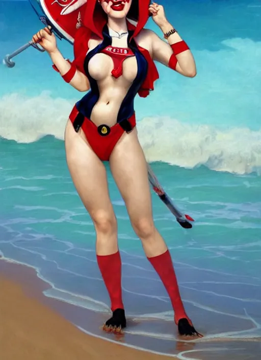 Image similar to portrait Harley Quinn as sea lifeguard on the beach, full length shot, shining, 8k highly detailed, sharp focus, illustration, art by artgerm, mucha, bouguereau