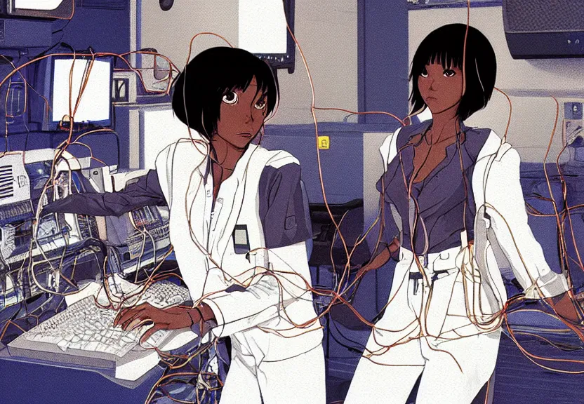 Prompt: dark skin woman wearing a white lab coat with a dark blue wolf haircut to shoulder, body connected to wires and connected to 1 9 8 0 s computers, painted by yoshitoshi abe and makoto shinkai, in the style of serial experiments lain, dynamic lighting, dark ambience, 3 5 mm, cell - shaded, detailed face