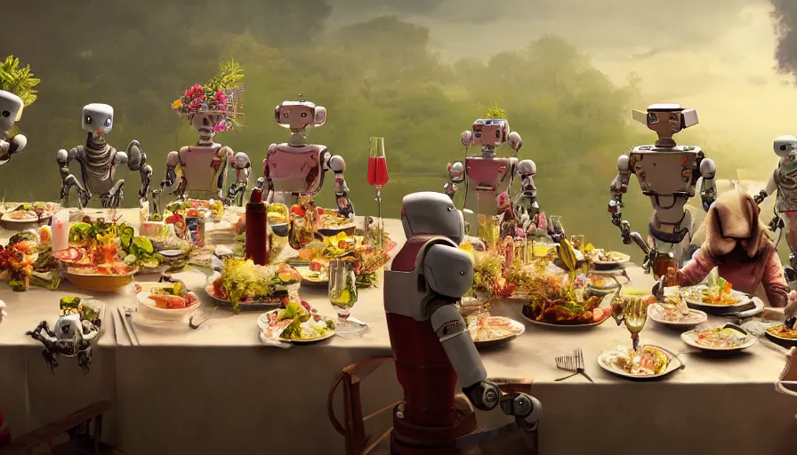 Image similar to a table dinner of robots where robots are dressed like the characters from the midsommar movie, cinematic, hyperdetailed, octane render, trending on art station, ultrarealistic