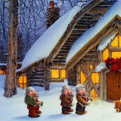 Prompt: many dwarves in front of a warm cabin in the snow, winter wonderland, cozy, nostalgia, Christmas, warmness, artwork in the style of Alan Lee