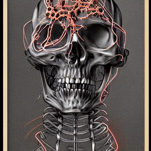 Image similar to very detailed portrait of a skeleton with crystal innards and optic fiber nerves, gears in his head and cybernetic enhancements in it's skull