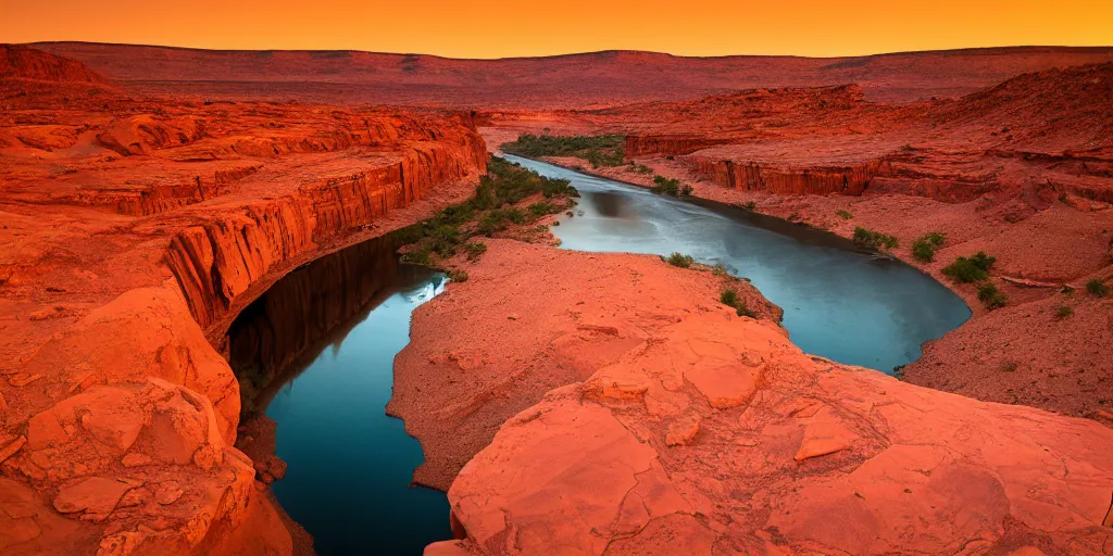 Image similar to a ground - level view of a river bend running through a canyon surrounded by desert mountains at sunset on mars, planet mars, moab, utah, a tilt shift photo by frederic church, trending on unsplash, hudson river school, photo taken with provia, national geographic photo