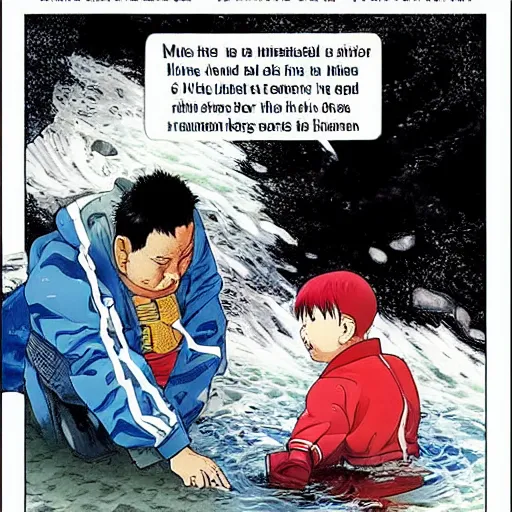 Prompt: man saves a child that is drowning in the river, in the style of katsuhiro otomo, naoki urasawa, hiroya oku, hiromu arakawa, makoto yukimura, yusuke murata, inio asano, naoko takeuchi, rumiko takahashi, takehiko inoue