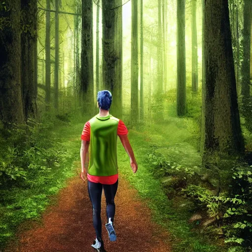 Prompt: a sporty guy in acid-green sneakers, runs alone through a forest with tall trees, comic book art, a shot from the back in perspective, Digital concept art, digital painting, very highly detailed, micro details, body's best illustration,