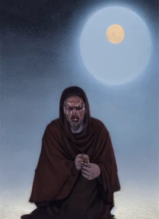 Image similar to oil painting portrait of a weeping sobbing tonsured dominican monk in a brown habit, kneeling in a blue cold moonlit empty small chapel at night, hazy, digital art, artstation, cinematic, moonlight, digital art painting by greg rutkowski, hazy atmosphere, candles, cinematic blue lighting