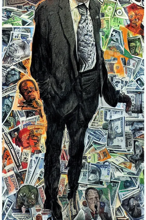 Image similar to George Soros full body shot, dollar bills Body horror, biopunk, by Ralph Steadman, Francis Bacon, Hunter S Thompson