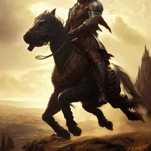 Image similar to Chris Hemsworth riding an armored warhorse into battle, D&D style, fantasy, intricate, elegant, highly detailed, digital painting, artstation, concept art, matte, sharp focus, illustration, art by Artgerm and Greg Rutkowski and Alphonse Mucha