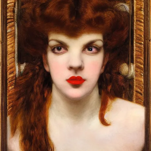 Prompt: portrait of a hybrid of judy garland and lady gaga with marfan syndrome, with a brown fringe, holman hunt, john william waterhouse, kilian eng, rosetti, john everett millais, william holman hunt, 4 k