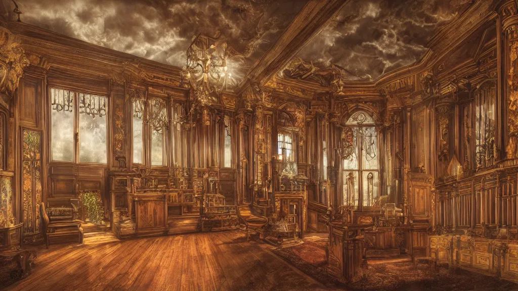 Prompt: richly decorated Victorian house with a tracker pipe organ, modern, beautiful, detailed wood, photorealistic, photorealism, lightning, clouds, smoke, the autumn light comes in through a window, diffuse light, vivid cybernetics