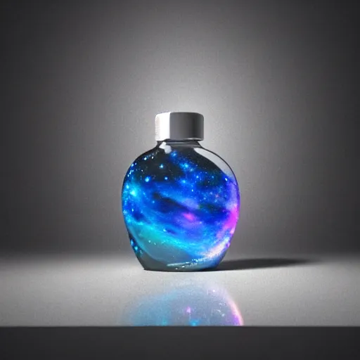 Image similar to Galaxy in a Bottle sitting on a white table in a brightened room, rendered by, Xie Boli, Max Hay, Cameron Mark, and Hue Teo, artstation 3d, artstation render, artstation 3d render, 3d art, unreal engine 3d, octane 3d, blender 3d, 3d landscape, photorealistic imagery, photorealistic details, intricate, highly detailed, trending on artstation, 4k, 8k