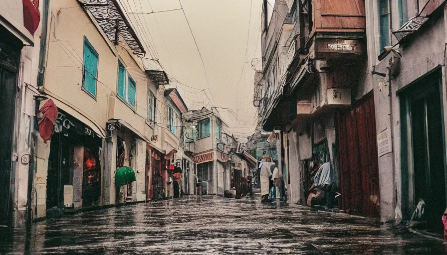 Prompt: small street in istanbul, rainy day, 3 5 mm film photo, analog photography, film artifacts, muted colors, documentary photo, highly detailed, pentax k 1 0 0 0, no people