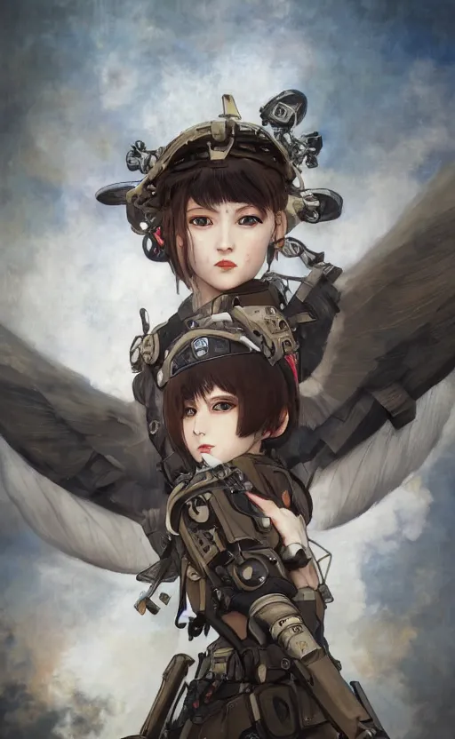 Prompt: portrait of mechanized valkyrie, anime style, world war 2, vintage clothing, spread wings, short hair, hair down, symmetrical facial features, from arknights, hyper realistic, 4 k, rule of thirds, extreme detail, detailed drawing, safebooru, hd, d & d, realistic lighting, by alphonse mucha, greg rutkowski, backlit