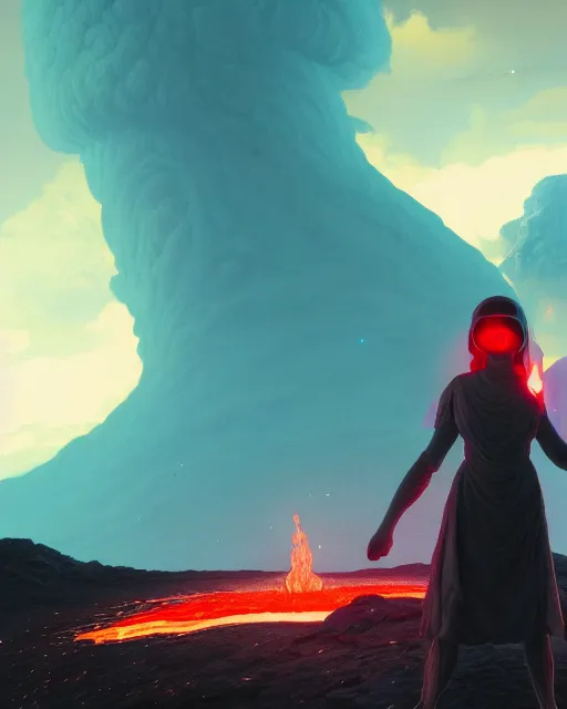 Image similar to highly detailed surreal vfx portrait of a futuristic fire mage in a volcano with lava, stephen bliss, unreal engine, greg rutkowski, loish, rhads, beeple, makoto shinkai and lois van baarle, ilya kuvshinov, rossdraws, tom bagshaw, alphonse mucha, global illumination, detailed and intricate environment