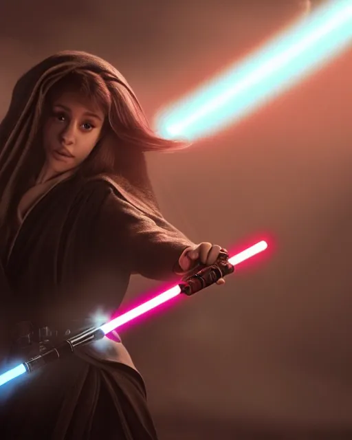 Prompt: Award winning, beautiful photo of Ariana Grande as a Sith lord igniting her light saber, Star Wars concept art by Colin Cantwell, Dramatic Lighting, Cinematic Lighting, Artstation, volumetric fog, action photography, hyper-realistic, 8K resolution, 4K resolution