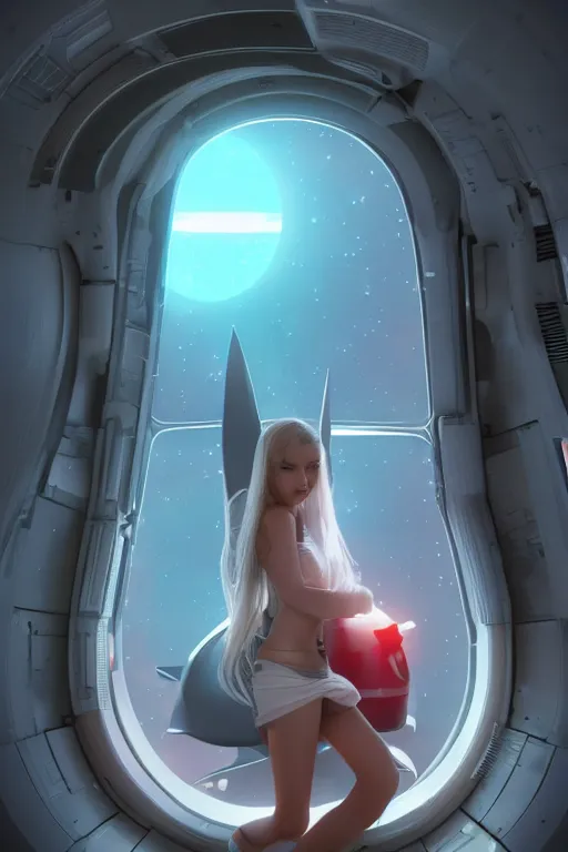 Prompt: girl in a spaceship, detailed miniskirt, beautiful model girl, full body shot, spaceship window, by artgerm, by wlop, octane render, vector art, 4 k