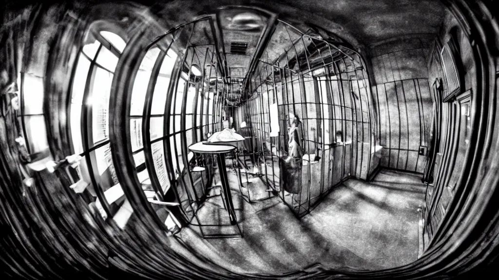Prompt: a hidden camera photo from inside jeffrey epstein ’ s jail cell, opulent comedy, fisheye lens, f / 2 0, high detail