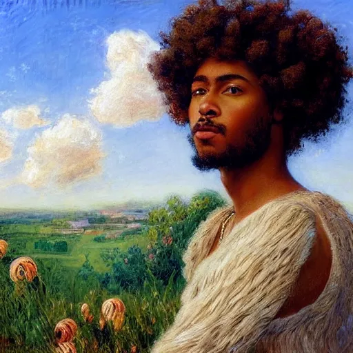 Image similar to east african man with curly hair, wide shot, full body, fedosenko roman, j. w. godward, jose miguel roman frances, intricate details, countryside, dreamy, impressionist, figurative