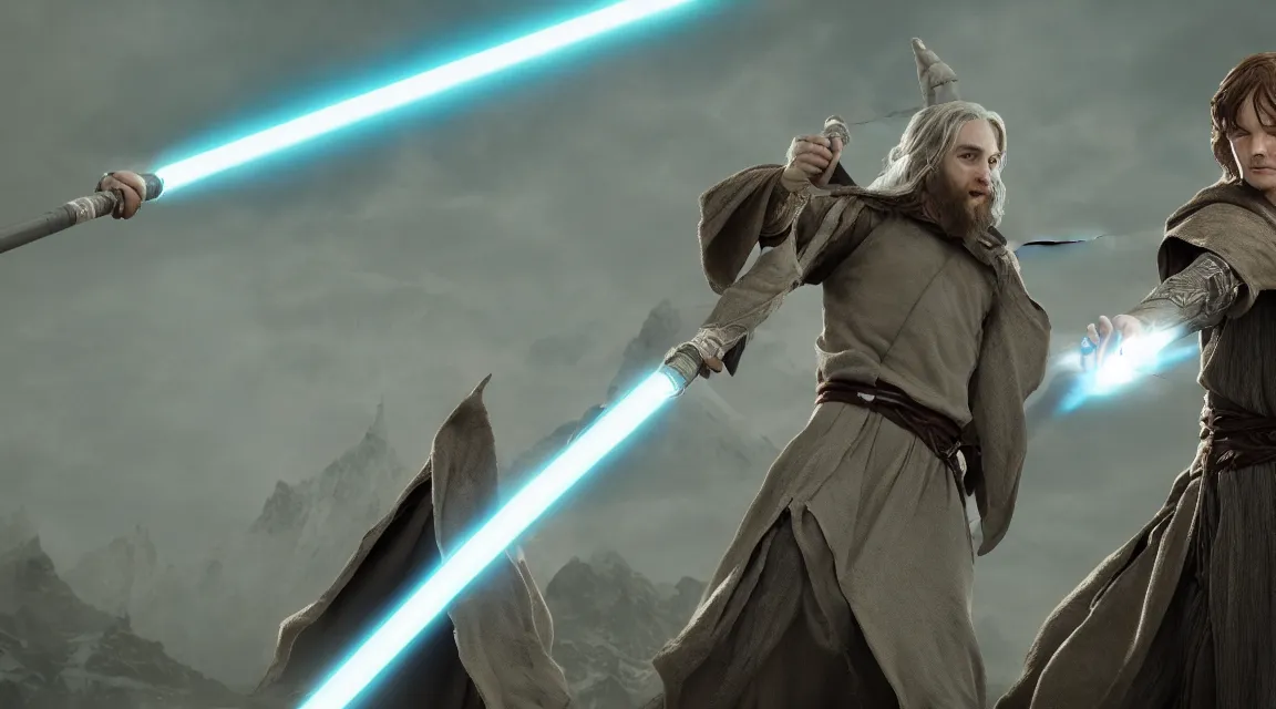 Prompt: LOTR elve as a jedi wielding 2 lightsabers and a bow on the back, background Canon, 100mm, octane render, photorealistic, detailed, cinematic, 8k no blur, volumetric lightning