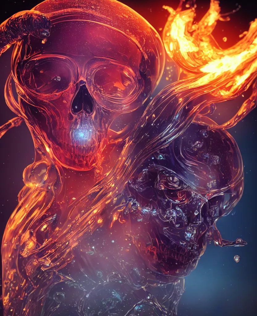 Image similar to close-up macro portrait of the face of a beautiful princess rotten skull in a spaceman suit, epic angle and pose, symmetrical artwork, 3d with depth of field, blurred background, cybernetic jellyfish female face skull phoenix bird, translucent, nautilus, energy flows of water and fire. a highly detailed epic cinematic concept art CG render. made in Maya, Blender and Photoshop, octane render, excellent composition, cinematic dystopian brutalist atmosphere, dynamic dramatic cinematic lighting, aesthetic, very inspirational, arthouse. y Greg Rutkowski, Ilya Kuvshinov, WLOP, Stanley Artgerm Lau, Ruan Jia and Fenghua Zhong