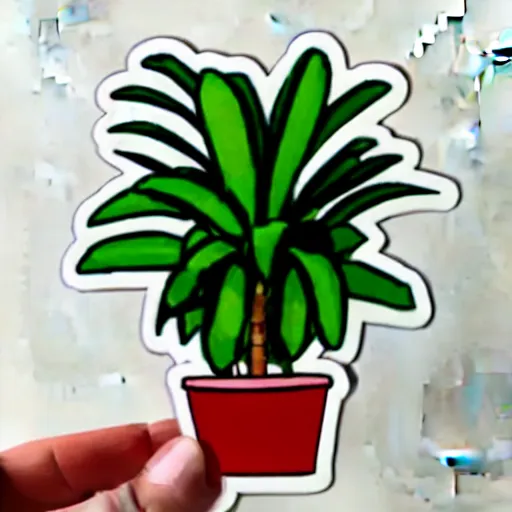 Prompt: die cut sticker of cute anime chibi smiling potted houseplant