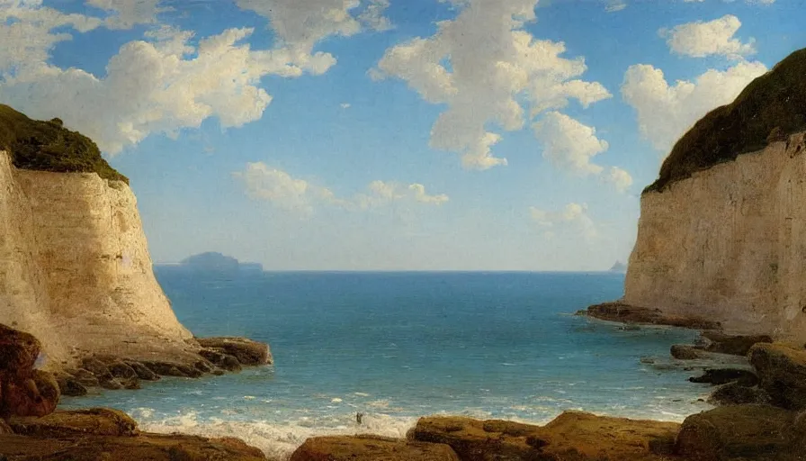 Image similar to a beautiful view of the cliffs at the beach, by william stanley haseltine