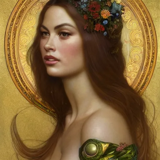 Image similar to Masterpiece painting of Sofia Vergara as a Venus drawn by Donato Giancola and Tom Bagshaw, face by Artgerm and Edmund Leighton, Alphonse Mucha, background by James Jean and Gustav Klimt, 4k, partial robotic body, volumetric Lighting, porcelain skin, komorebi, french nouveau, trending on pixiv