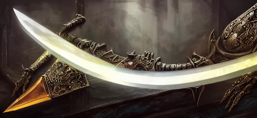 Prompt: legendary cybernetic sword lying flat on a glowing table with a long sharp black and iridescent sword blade, digital award winning hd matte painting, intimate dark moody, intricate, ornate spikes, colorful hilt, detailed realistic, raytraced blade, colored gems, future golden technological pommel, in the style of greg rutkowski and krenz cushart, deviantart