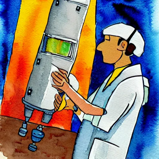 Image similar to doctor performing surgery on a rocket, watercolor painting