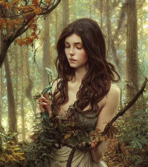 Image similar to beautiful cottagecore brunette woman, intricate, magical forest, stunning, highly detailed, digital painting, artstation, concept art, smooth, sharp, focus, illustration, art by artgerm and greg rutkowski and alphonse mucha