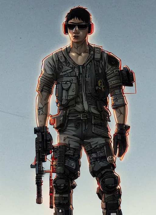 Image similar to Dangerous Hiro. buff Japanese cyberpunk mercenary wearing a cyberpunk tactical headset and military vest. square face. Realistic Proportions. Concept art by James Gurney and Laurie Greasley. Moody Industrial skyline. ArtstationHQ. Creative character design for cyberpunk 2077.