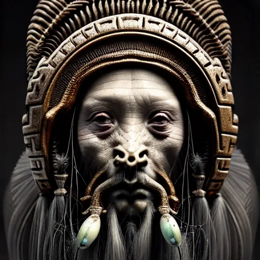 Image similar to a beautiful surreal illustration of an prehistoric ancient shaman, highly detailed, liquid oilpaint, doug chiang, gustave dore, leonardo da vinci, trending on artstation, industry, lucid and intricate, rectilinear, digital art, octane, redshift, vray, 8 k, 6 4 megapixels, zbrush central, behance hd, hypermaximalist, well rendered