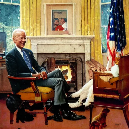 Image similar to a norman rockwell painting of the Joe Biden sitting in a chair, cozy fire, award winning,