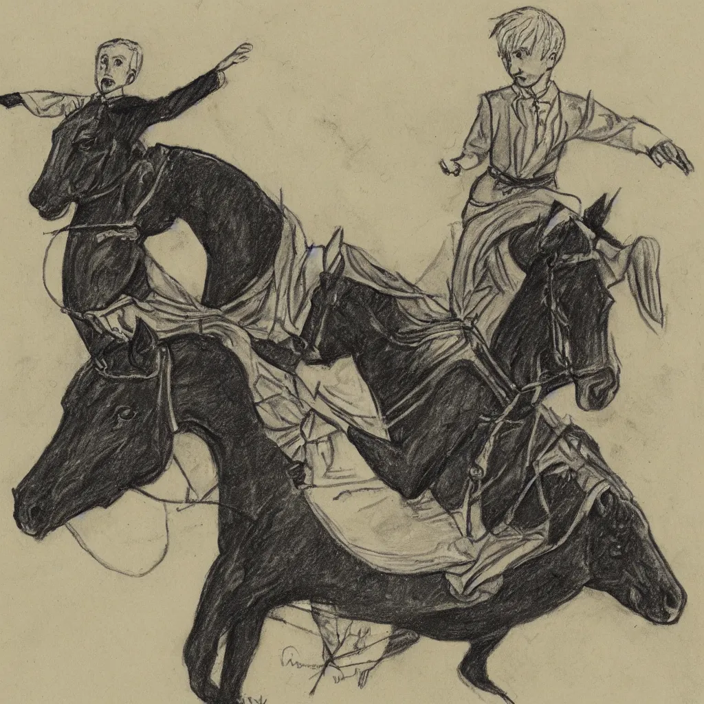 Image similar to sketch of Draco Malfoy riding one black horse, by Mary GrandPré, fairy simple