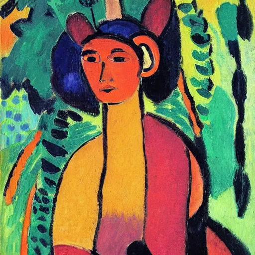 Image similar to painting of a tiger, and young native american woman, in a jungle, by alexej von jawlensky