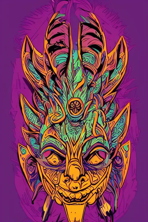 Image similar to totem animal mask tribal feather gemstone plant wood rock shaman vodoo video game vector cutout illustration vivid color borderlands comics by josan gonzales and dan mumford radiating a glowing aura