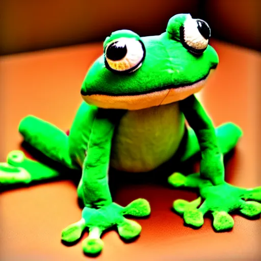 Image similar to cute fluffy plushie frog, cutecore, shaggy, stuffed animal photography,