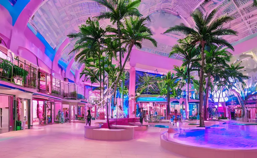 Image similar to an indoor mall with palm trees and pools, pink and blue lighting, everything floats in space