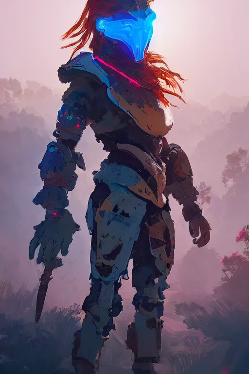 Image similar to combination suit armor aloy horizon forbidden west horizon zero dawn radiating a glowing aura global illumination ray tracing hdr fanart arstation by ian pesty and alena aenami artworks in 4 k tribal robot ninja mask helmet backpack