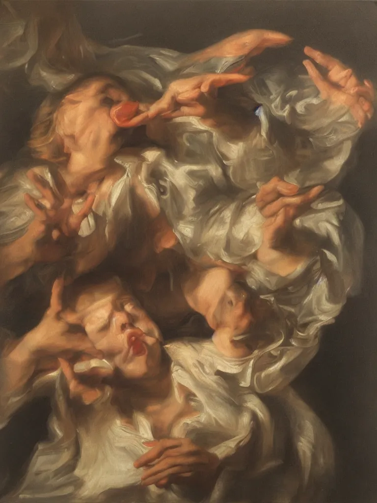 Image similar to plastic lips spinning on the tip of the index finger hand pointing, oil painting, Rubens, subtle and compelling lighting