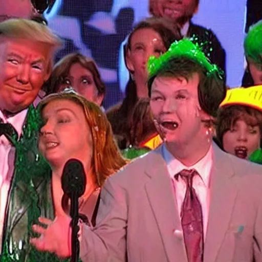 Image similar to trump getting slimed at the kids choice award, 2 0 0 8, crt television