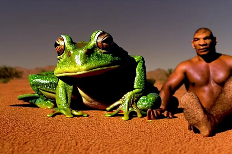 Image similar to a giant frog sitting with boxer mike tyson in the desert, mike tyson with a toad, mike tyson movie directed by martin scorsese and christopher nolan, masterpiece, 8 h