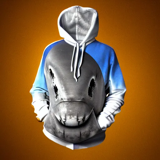 Image similar to great white shark wearing a hoodie at night, 8 k, photorealistic, cinematic photography, trending on artstation