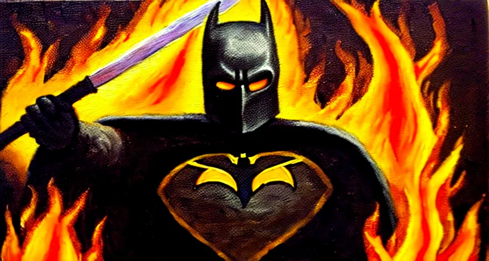 Image similar to An oil painting of a dark knight wielding a flaming sword