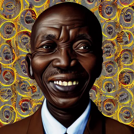 Image similar to a painting of a round face, XXL , smiley, Loving, caring, generous, ever-present, humble, wise elder from Kenya in a suit by Kehinde Wiley . Fatherly/daddy, focused, loving, leader, relaxed,. ethereal lights, details, smooth, sharp focus, illustration, realistic, cinematic, artstation, award winning, rgb , unreal engine, octane render, cinematic light, macro, depth of field, blur, red light and clouds from the back, highly detailed epic cinematic concept art CG render made in Maya, Blender and Photoshop, octane render, excellent composition, dynamic dramatic cinematic lighting, aesthetic, very inspirational, arthouse.