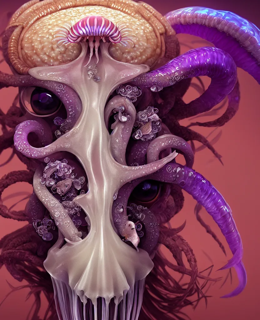 Image similar to goddess princess face close-up portrait ram skull. jellyfish phoenix head, nautilus, orchid, skull, betta fish, bioluminiscent creatures, intricate artwork by Tooth Wu and wlop and beeple. octane render, trending on artstation, greg rutkowski very coherent symmetrical artwork. cinematic, hyper realism, high detail, octane render, 8k